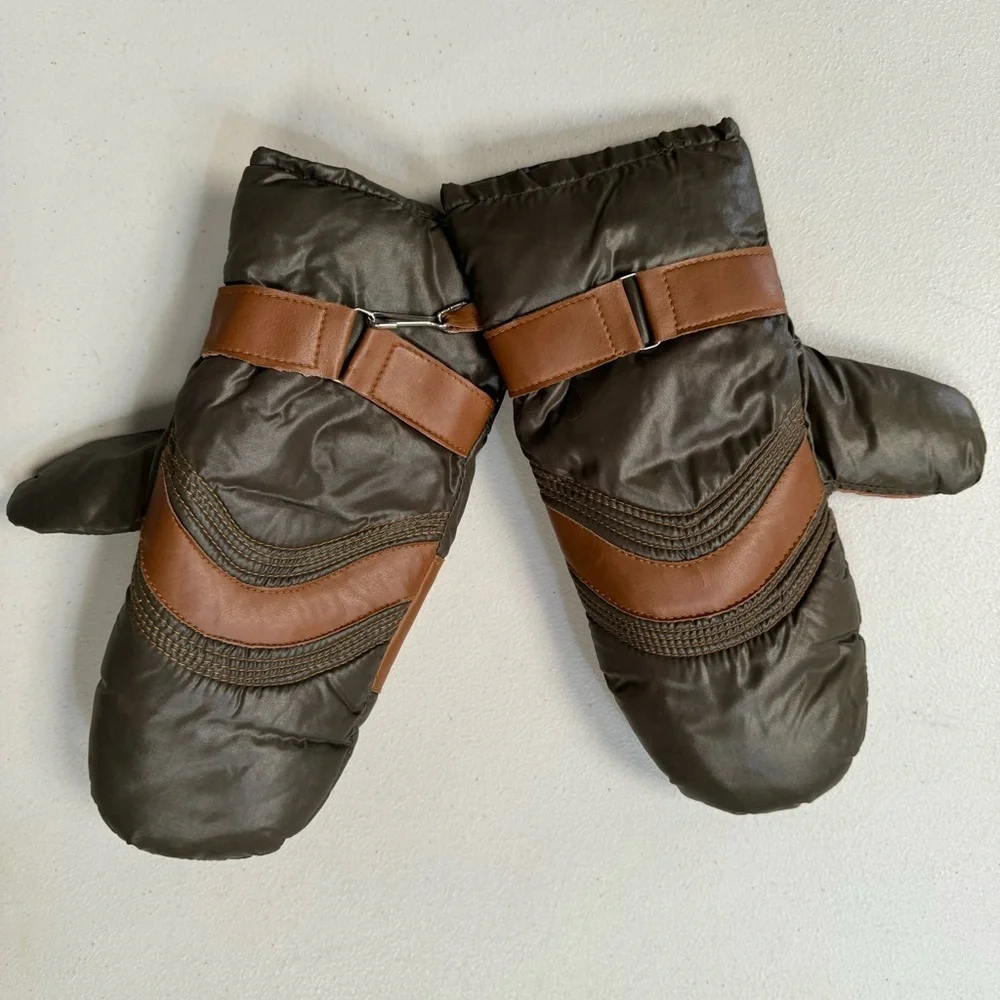 vintage mittens snow ski gloves brown nylon down feather brown duo tone medium